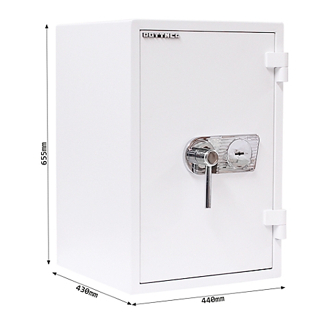 Weisser Tresor mit silbernem Griff. Masse: 655mm hoch, 430mm breit und 440mm tief.