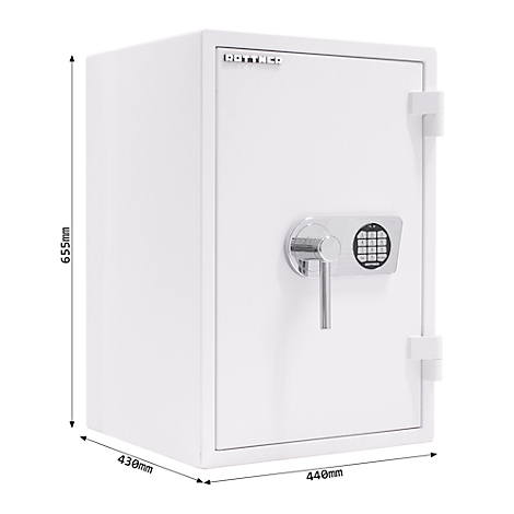 Weisser Tresor mit Zahlenschloss und Hebel, Masse 655x440x430mm, Beschriftung DOTTYCO.