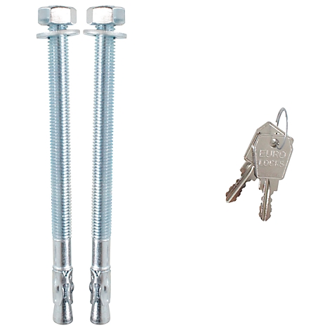 Zwei lange Schrauben mit Muttern, Unterlegscheiben und zwei Schlüsseln mit "EURO LOCKS" Schriftzug.