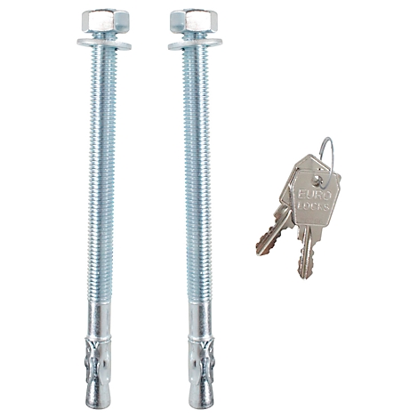 Zwei lange Schrauben mit Muttern und Unterlegscheiben, daneben zwei Schlüssel mit "EURO TOOLS" Aufdruck.