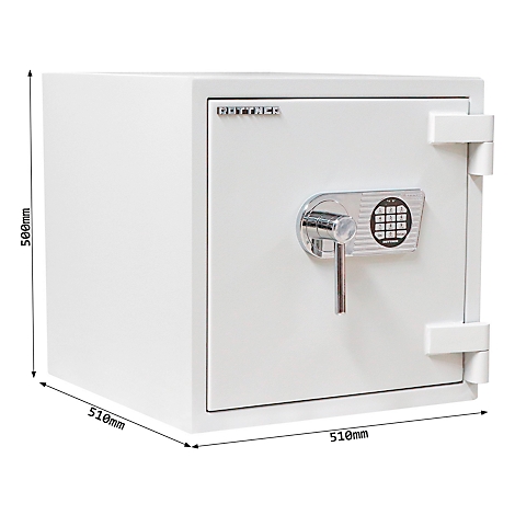 Weisser Tresor mit digitalem Zahlenschloss und Drehgriff. Masse: 510mm x 510mm x 500mm.