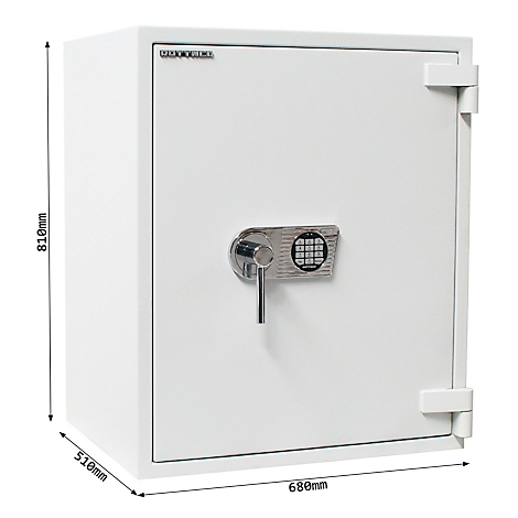 Weisser Tresor mit Zahlenfeld und Drehgriff, Masse: 810x680x510mm.