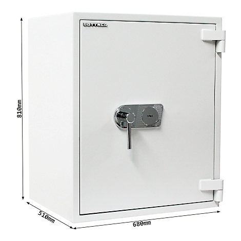Weisser Tresor mit silbernem Griff und Schloss, Masse: 810mm x 510mm x 680mm. Oben steht "DOTTARE".