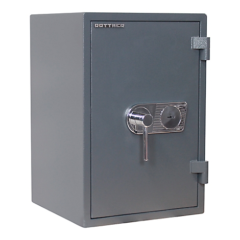 Grauer Tresor mit Griff und Schloss, Aufschrift DOTTHEC.