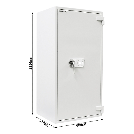 Weisser Tresor, Masse: 1320mm x 680mm x 510mm, mit Schlüssel und Schloss. Aufschrift: "BACO"