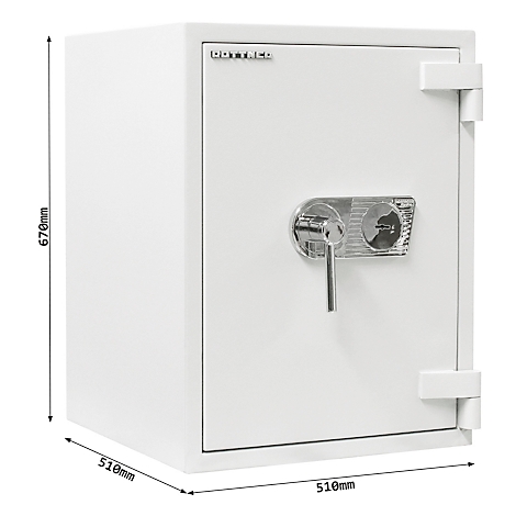 Weisser Tresor mit Chromgriff, Massangaben 510 x 510 x 670 mm. Aufschrift DOTTECO.