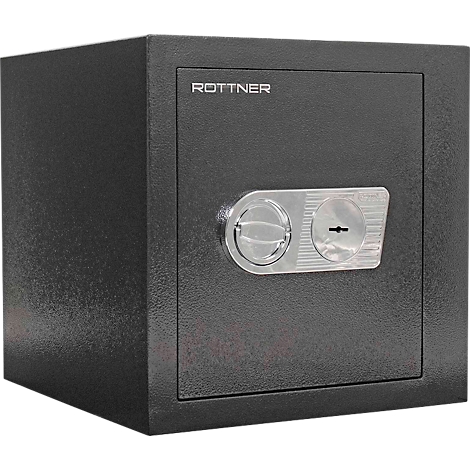 Schwarzer Tresor mit silbernem Schloss. Aufschrift: Rottner.