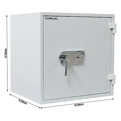 Ein weisser Tresor mit Griff, Schloss und den Massen 650x550x638 mm.