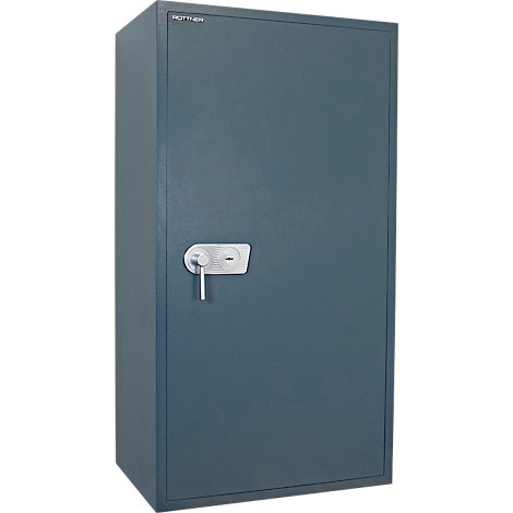 Blau-grauer Tresor, der vor einem weissen Hintergrund steht. Sichtbar sind Griff, Schloss und Firmenlogo.