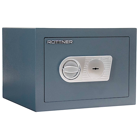 Grau-blauer Safe mit Drehknopf und Schlüsselloch. Der Schriftzug "ROTTNER" ist zu sehen.