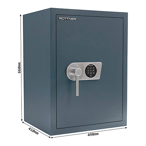 Grauer Tresor mit Zahlenschloss, Griff und Rottner Schriftzug, Maße 660x490x410mm.