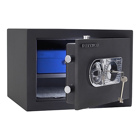 Geöffnete, schwarze Wertschutzschrank mit Schlüssel und blauem Behälter im Inneren.