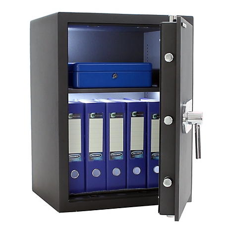 Schwarzer Tresor mit geöffneter Tür, dahinter Ordner und eine blaue Box.
