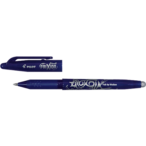 Bolígrafo Pilot Frixion azul con tapa separada. 'Rub by friction' está escrito en el bolígrafo.