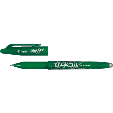 Un bolígrafo Pilot Frixion verde. El bolígrafo está abierto, con la tapa al lado.