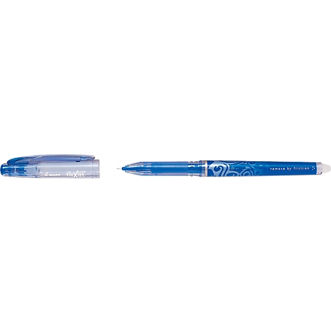 Bolígrafo azul borrable, parcialmente abierto. El bolígrafo está decorado con adornos azules y blancos.