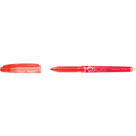 Un bolígrafo rojo con una tapa al lado. Hay texto en el bolígrafo.
