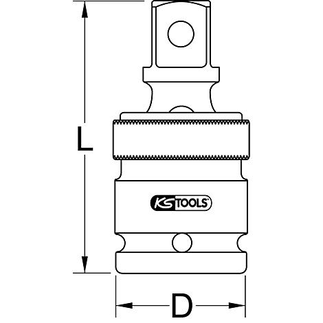 Dessin d'un embout d'outil. En haut une tête carrée avec un trou, en dessous une bague moletée et l'inscription KS TOOLS.