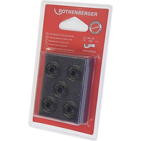 Paquet de cinq molettes de coupe-tubes, disques noirs sur mousse noire. Fond rouge avec 'Rothenberger' et détails du produit.
