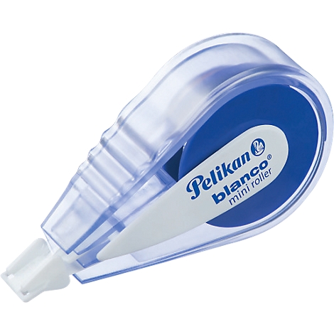 Un rouleau correcteur blanc mini roller Pelikan blanc bleu. Le rouleau a un boîtier transparent et une tête blanche.