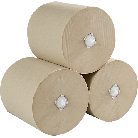 Trois rouleaux de papier, brun clair, disposés en chevauchement, avec des supports blancs en forme d'étoile aux extrémités.