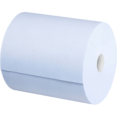 Un rouleau de papier bleu clair seul, type essuie-mains, sur fond blanc.