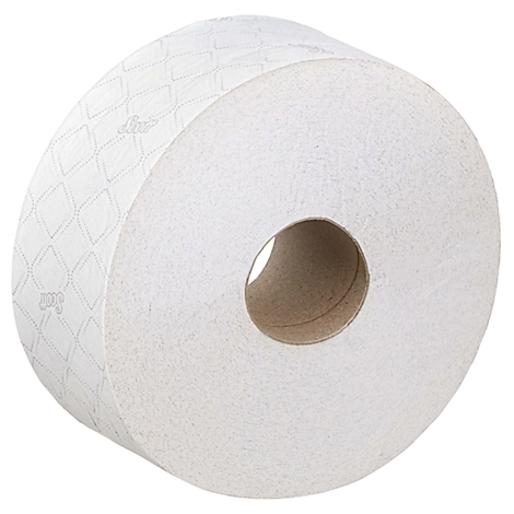 Un grand rouleau de papier toilette, blanc, avec un motif rappelant un motif en losanges. Un noyau au milieu.