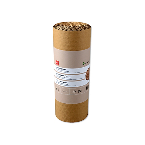 Rouleau de papier bulle. Le rouleau est marron et comporte une étiquette blanche avec des informations sur le produit.