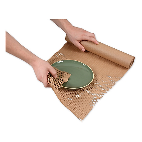 Des mains tiennent une assiette verte et du papier d'emballage. Une personne emballe l'assiette dans du papier brun.