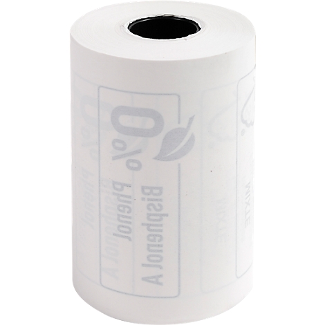 Un rouleau de papier thermique blanc avec des impressions, dont '0% Bisphénol A' et un symbole de feuille.