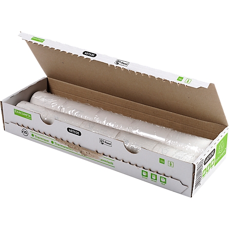 Une boîte en carton ouverte contenant deux rouleaux de film plastique. La boîte est blanche avec des accents verts et bruns.