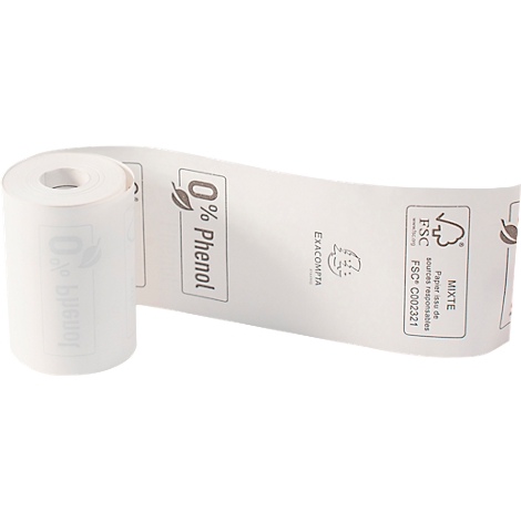 Un rouleau de papier thermique blanc, partiellement déroulé. Imprimé : '0 % Phénol' et le logo FSC.