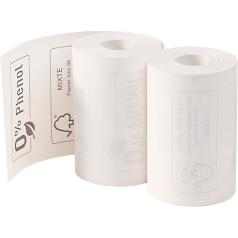 Deux rouleaux de papier blanc côte à côte, un rouleau de papier est partiellement déroulé. Le côté déroulé indique "0% Phénol" et "Papier issu de".