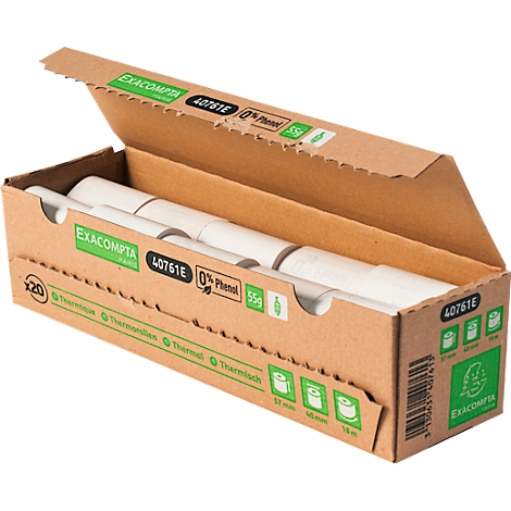 Boîte en carton marron ouverte, remplie de rouleaux de papier. Inscriptions: Exacompta, 40761E, 0% Phénol, 55g.