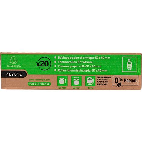 Emballage marron avec des éléments verts et des informations sur le produit. Inscription "x20", rouleaux de papier, 0% Phénol.
