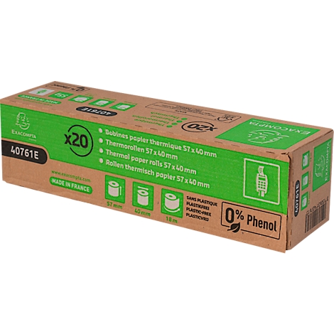 Boîte brune avec texte vert, avec "x20" et "Thermal Paper Rolls."