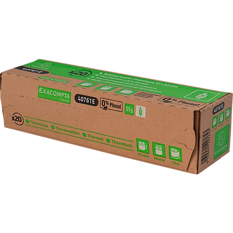 Emballage en carton brun avec des accents verts. Inscription : Exacompta, 40761E, 0% Phénol, 55g. Illustrations de rouleaux de papier.