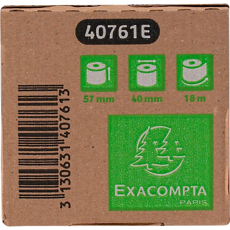 Gros plan sur une boîte en carton avec des logos et textes verts : 40761E, 57mm, 40mm, 18m, Exacompta Paris.