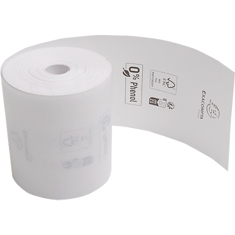 Rouleau de papier thermique blanc, étiquette avec "0% Phénol" et logo FSC. Logo Exacompta.