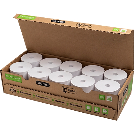 Boîte en carton marron remplie de rouleaux thermiques blancs. Impressions : Exacompta, 40768E, Thermique, 0 % Phénol.