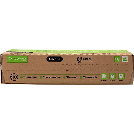 Boîte en carton de rouleaux thermiques, marque Exacompta. Inscription: 40768E, 0% Phénol. Différentes tailles : 80 mm, 73 mm, 76 mm.