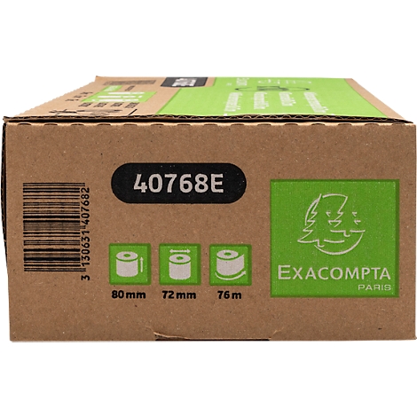 Boîte en carton marron avec des étiquettes, dont un logo vert avec un graphique d'arbre et les mots "Exacompta Paris".