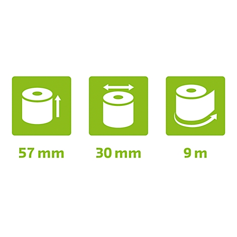 Trois carrés verts avec des icônes blanches : dimensions pour un rouleau de ruban adhésif, 57 mm, 30 mm et 9 m.