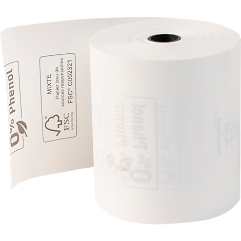 Rouleau de papier thermique blanc, partiellement déroulé. Impressions: 0% Phénol, logo FSC, texte.
