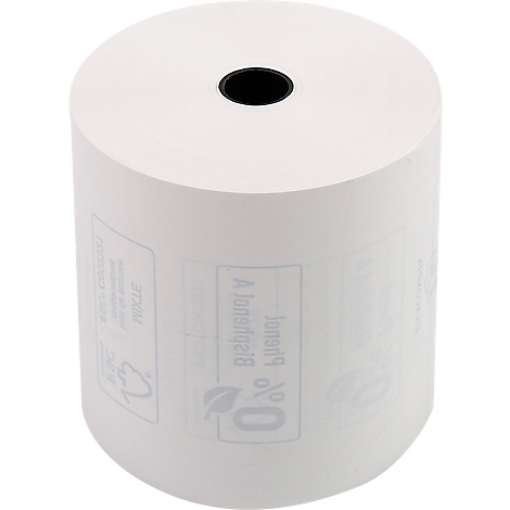 Un rouleau de papier blanc avec un cœur noir. Des étiquettes avec du texte et des logos sont visibles sur la surface.