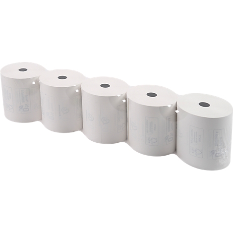 Cinq rouleaux de papier blanc emballés dans du plastique.