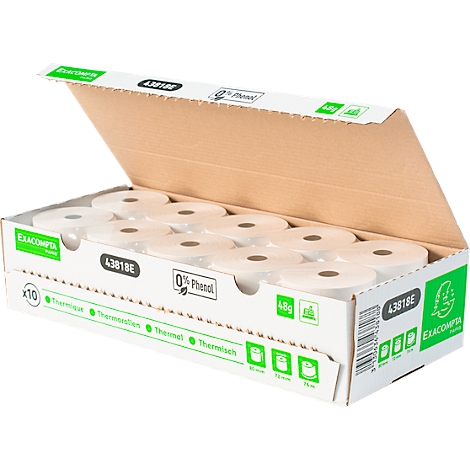Boîte ouverte avec 10 rouleaux thermiques; Impression : 0% Phénol, Exacompta.
