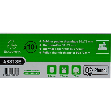 Emballage vert avec le texte rouleaux de papier thermique 80 x 72 mm, le logo du fabricant, les informations sur le produit, le code-barres et la mention 0% phénol.