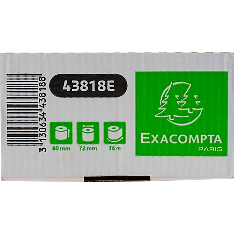 Boîte en carton avec l'inscription 43818E et le logo Exacompta. À côté, des symboles avec des dimensions et un code-barres.