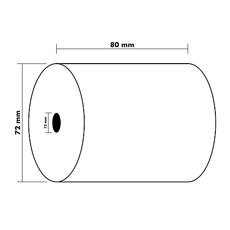 Représentation cylindrique avec dimensions : 72 mm de haut, 80 mm de long, trou de 12 mm. Noir et blanc.